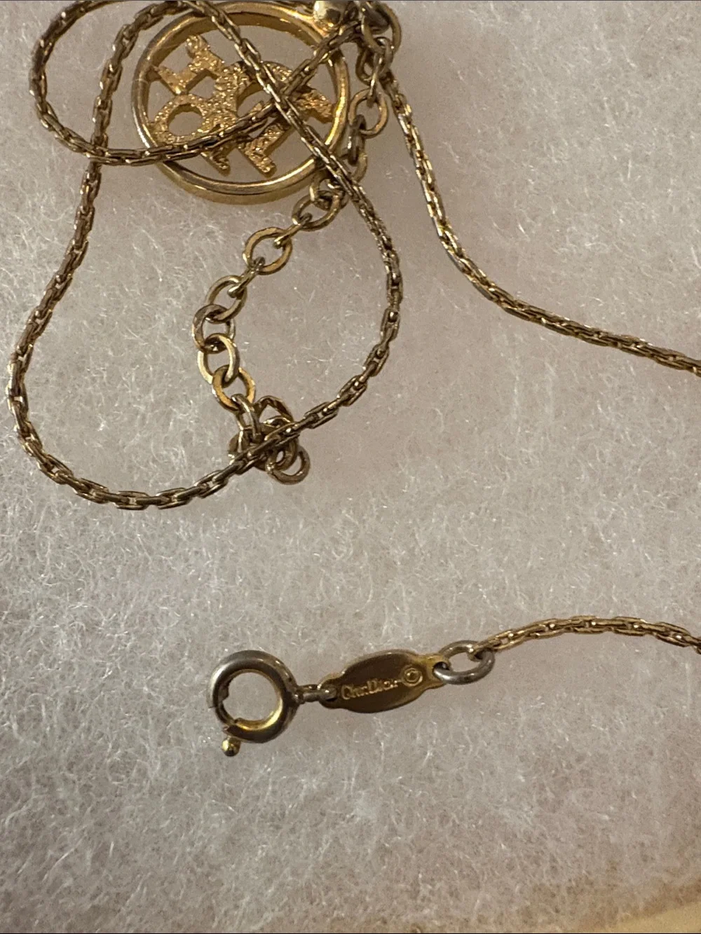 Dior Gold Round Pendant Necklace with Script Letter